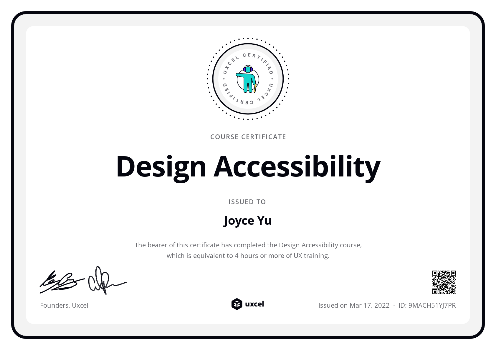 Joyce Yu's certificate